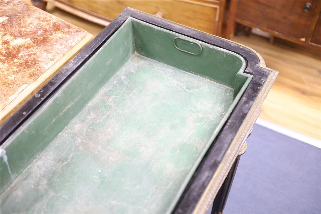 A 19th century French ebonised marble top jardiniere table, width 88cm, depth 48cm, height 86cm